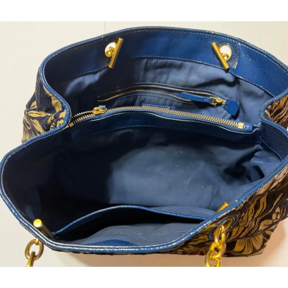Tory Burch Cosmic Floral Fleming Tote Floral Velvet Blue Leather Shoulder Bag